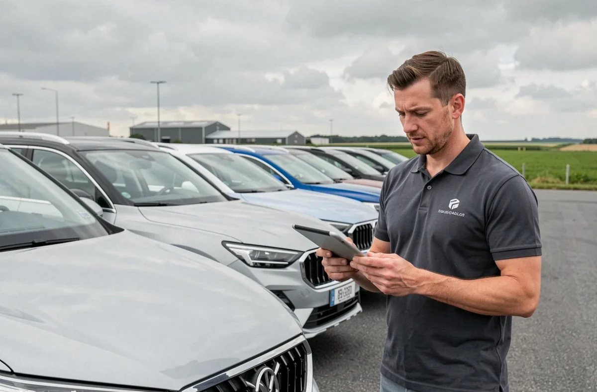 Conseiller de vente automobile en Pas-de-Calais présentant un SUV neuf dans un parc extérieur de concessionnaire sous un ciel nuageux