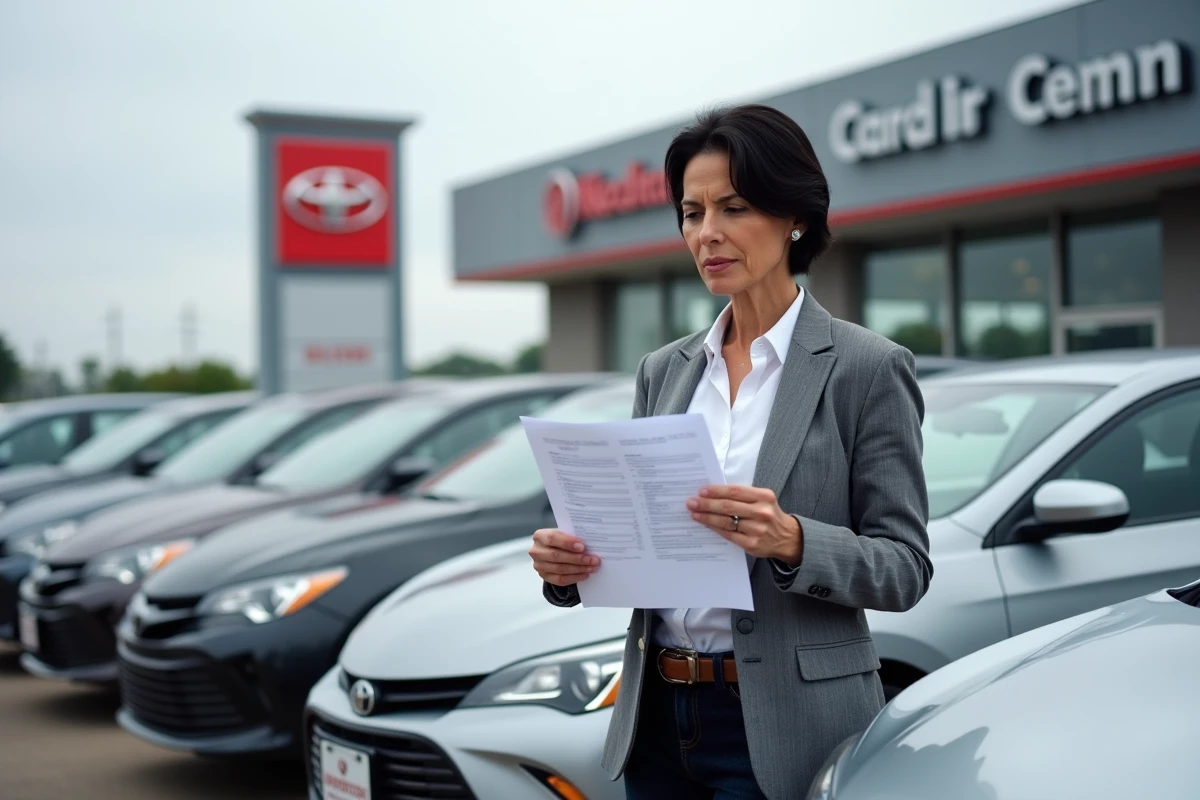 Femme examinant le rapport d'historique d'un véhicule d'occasion dans un parking de concessionnaire