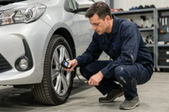 Technicien vérifiant la pression des pneus 4 saisons d'une Toyota Yaris Hybride avec un manomètre numérique