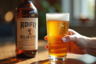 Verre de bière dorée avec bouteille à côté en intérieur