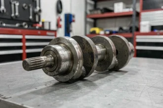 Vilebrequin usagé d'une voiture sans permis posé sur un établi de garage mécanique, montrant des traces d'usure sur les portées