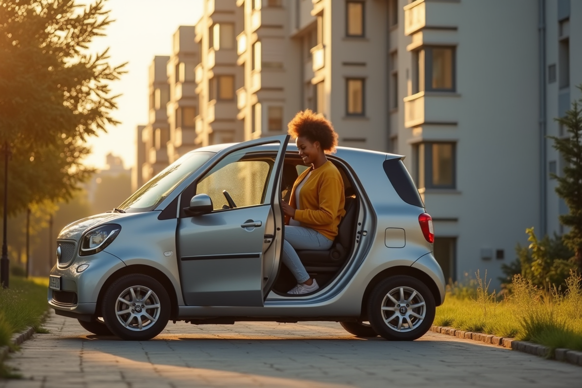 Personne heureuse entrant dans une petite voiture le matin