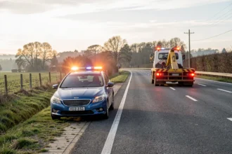 Voiture en panne sur la bande d'arrêt d'urgence avec une dépanneuse qui arrive