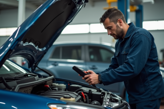 Voiture avec le capot ouvert un mecanicien examine le moteur