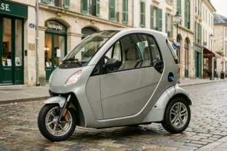Voiture sans permis électrique grise garée dans une rue pavée de Grenoble