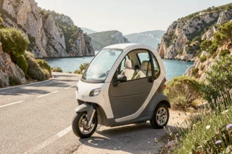 Voiture sans permis d'occasion garée sur une route côtière des Alpes-Maritimes avec vue sur la mer Méditerranée