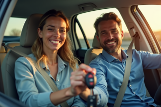 Deux adultes souriants dans une voiture moderne en plein jour