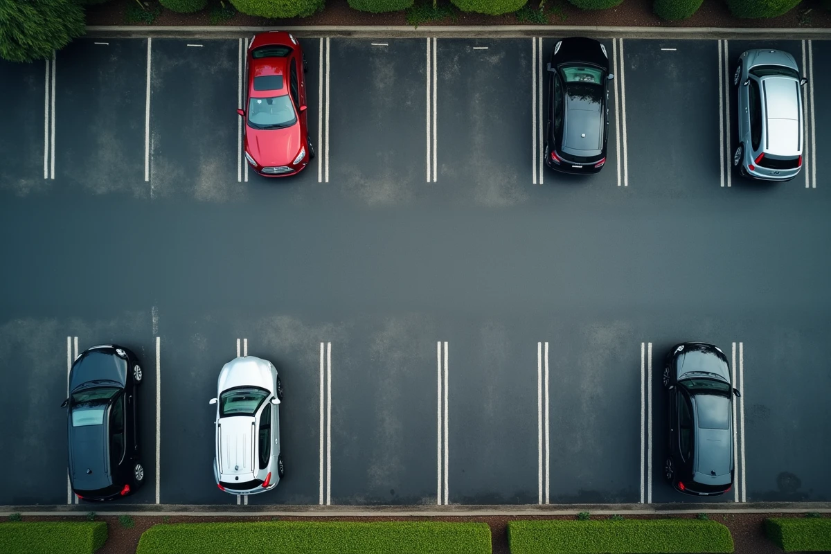 Vue aérienne d'un parking extérieur avec places délimitées et véhicules garés illustrant les normes de dimensions