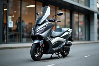 Yamaha TMAX 750 d'occasion garé devant une concession moto en milieu urbain, vue en angle 3/4 avant