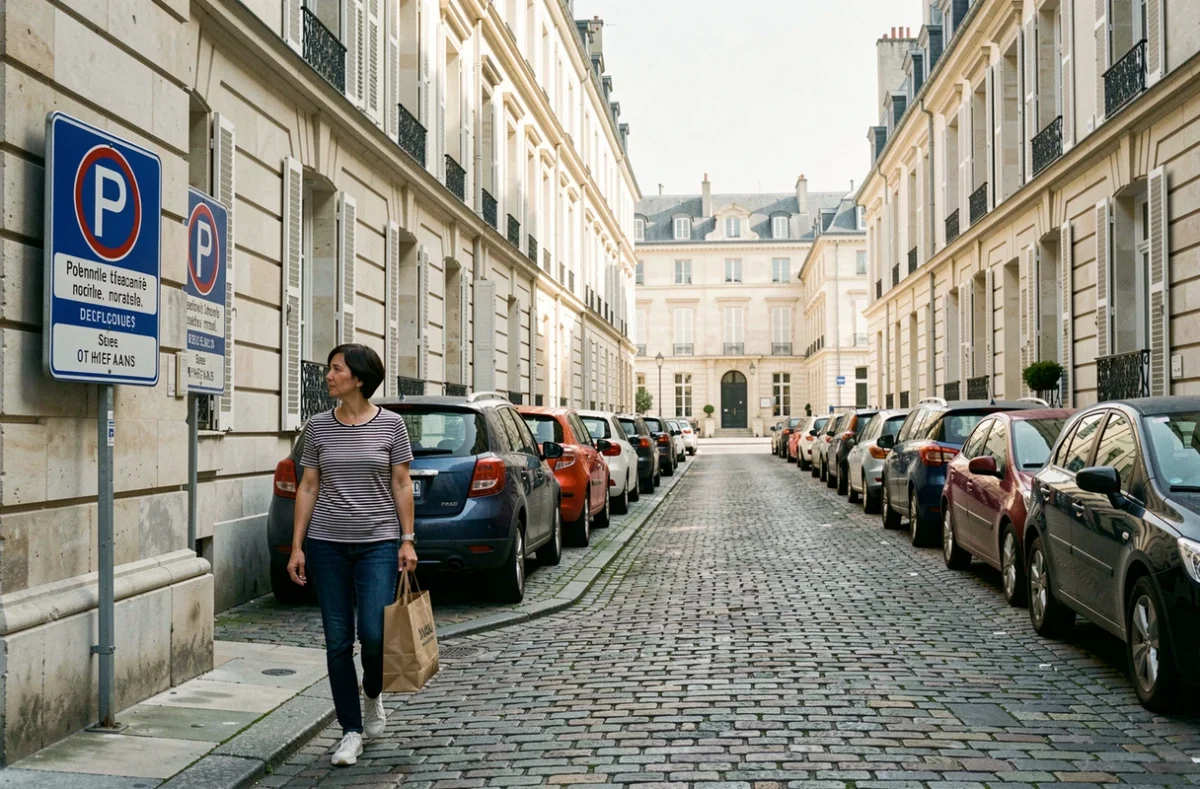 Zone de stationnement réglementé pour riverains dans une rue pavée résidentielle de Versailles